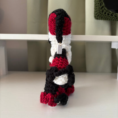 Handmade Crochet Jester Plushie – Whimsical Amigurumi Jules the Jester in Black and Red