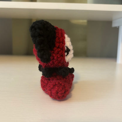 Handmade Crochet Mini Sitting Jester Plushie – Amigurumi Clown Doll in Black and Red