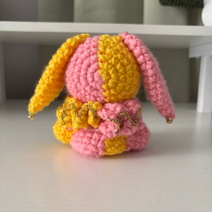 Handmade Crochet Jester Bunny Plushie – Amigurumi Clown Doll in Pink and Yellow