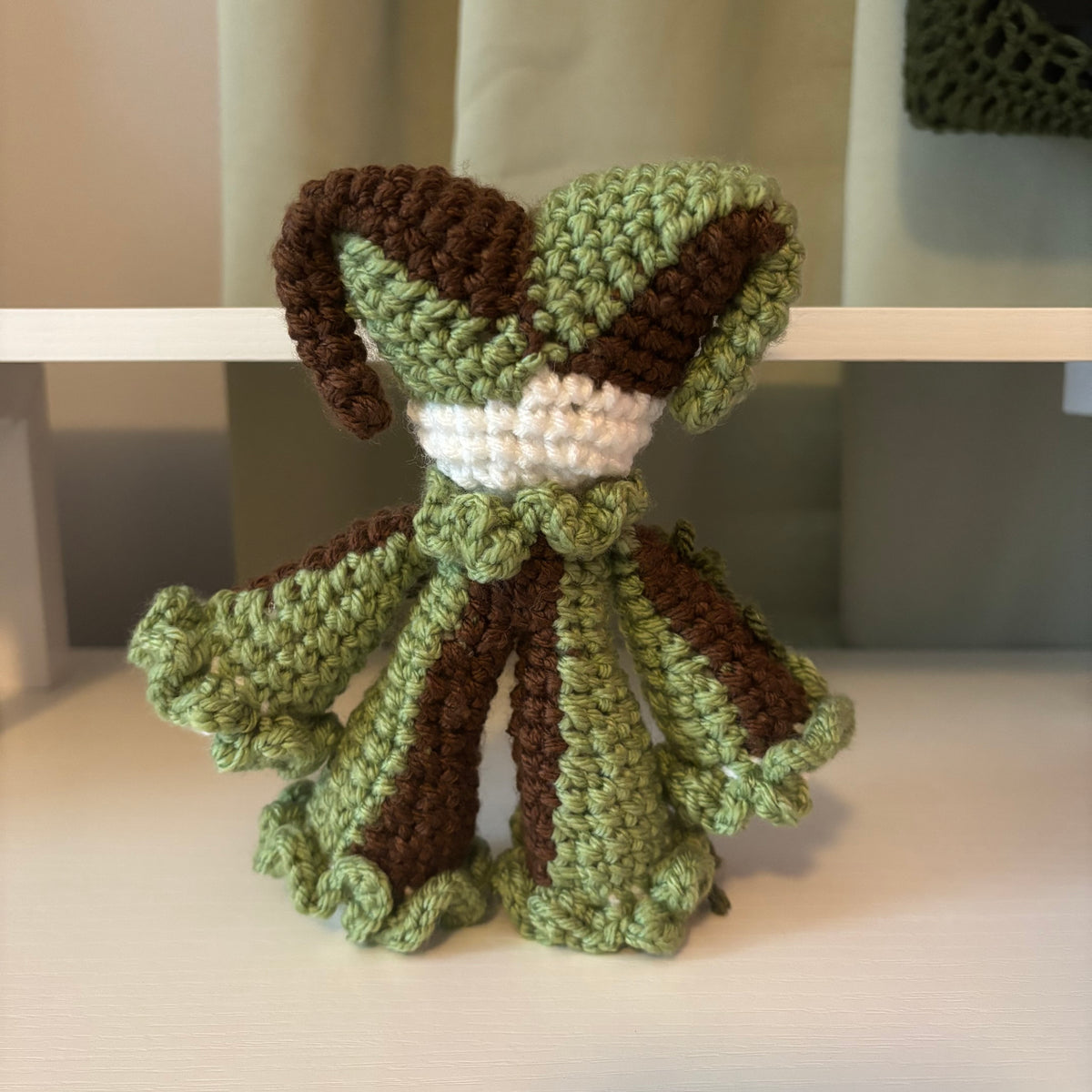 Handmade Crochet Jester Plushie – Whimsical Amigurumi Jester in Green and Brown
