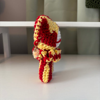 Handmade Crochet Jester Plushie – Whimsical Amigurumi Clown Doll in Red and Yellow with Star Charms