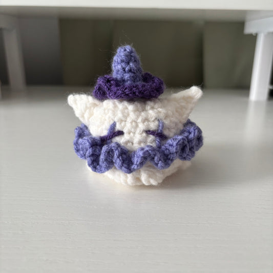 Handmade Crochet Clown Cat Plushie – Whimsical Amigurumi in Purple