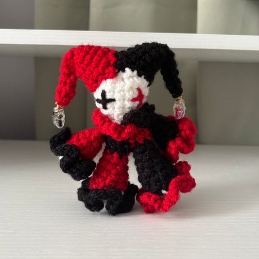Handmade Crochet Baby Jules the Jester Plushie – Amigurumi Clown Doll in Black and Red