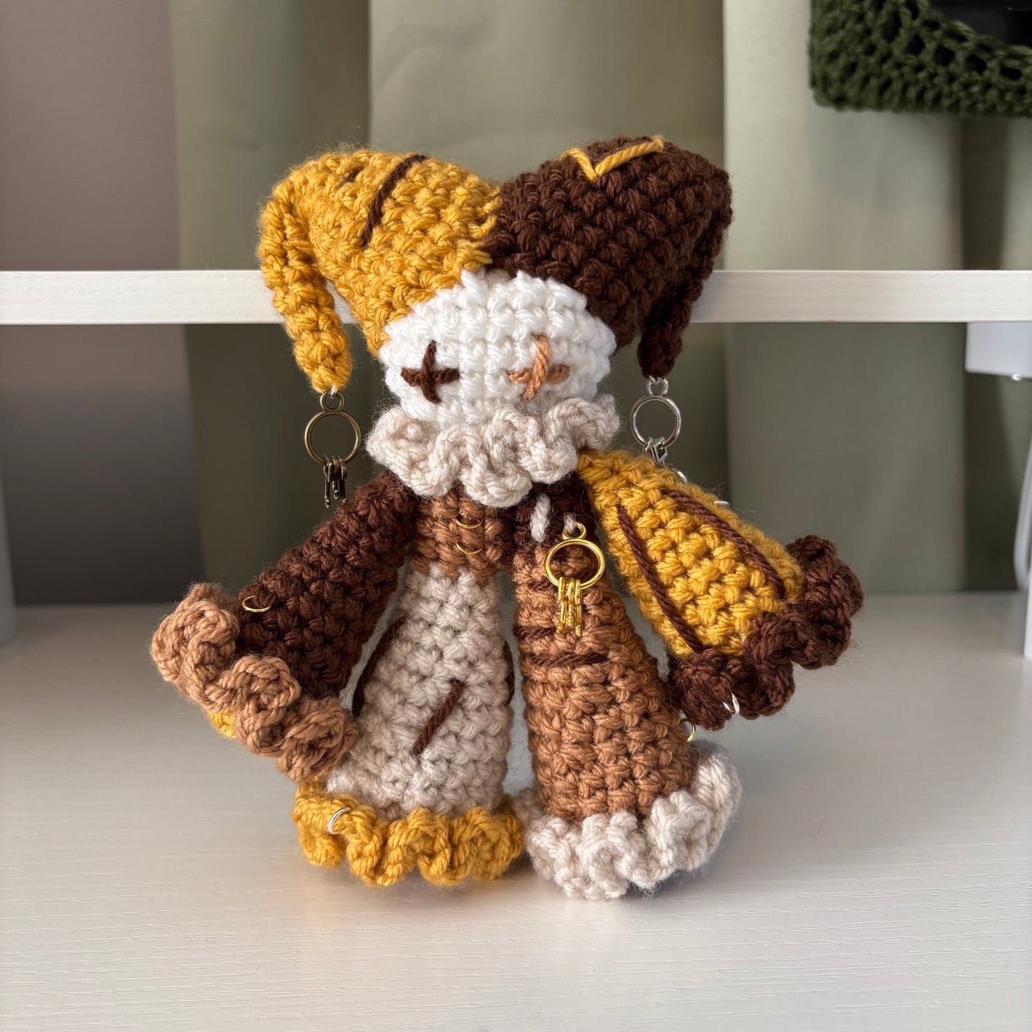 Handmade Crochet Jester Plushie – Whimsical Amigurumi Jules the Jester in Browns