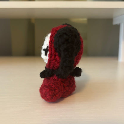 Handmade Crochet Mini Sitting Jester Plushie – Amigurumi Clown Doll in Black and Red