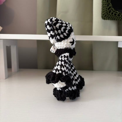 Handmade Crochet Jester Plushie – Whimsical Amigurumi Jules the Jester in Black and White
