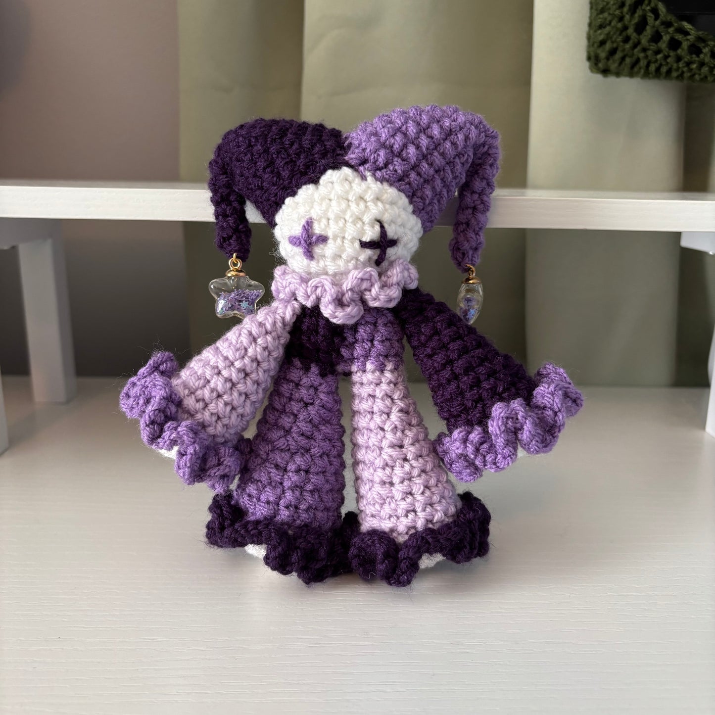 Handmade Crochet Jester Plushie – Whimsical Amigurumi Jules the Jester in Purples