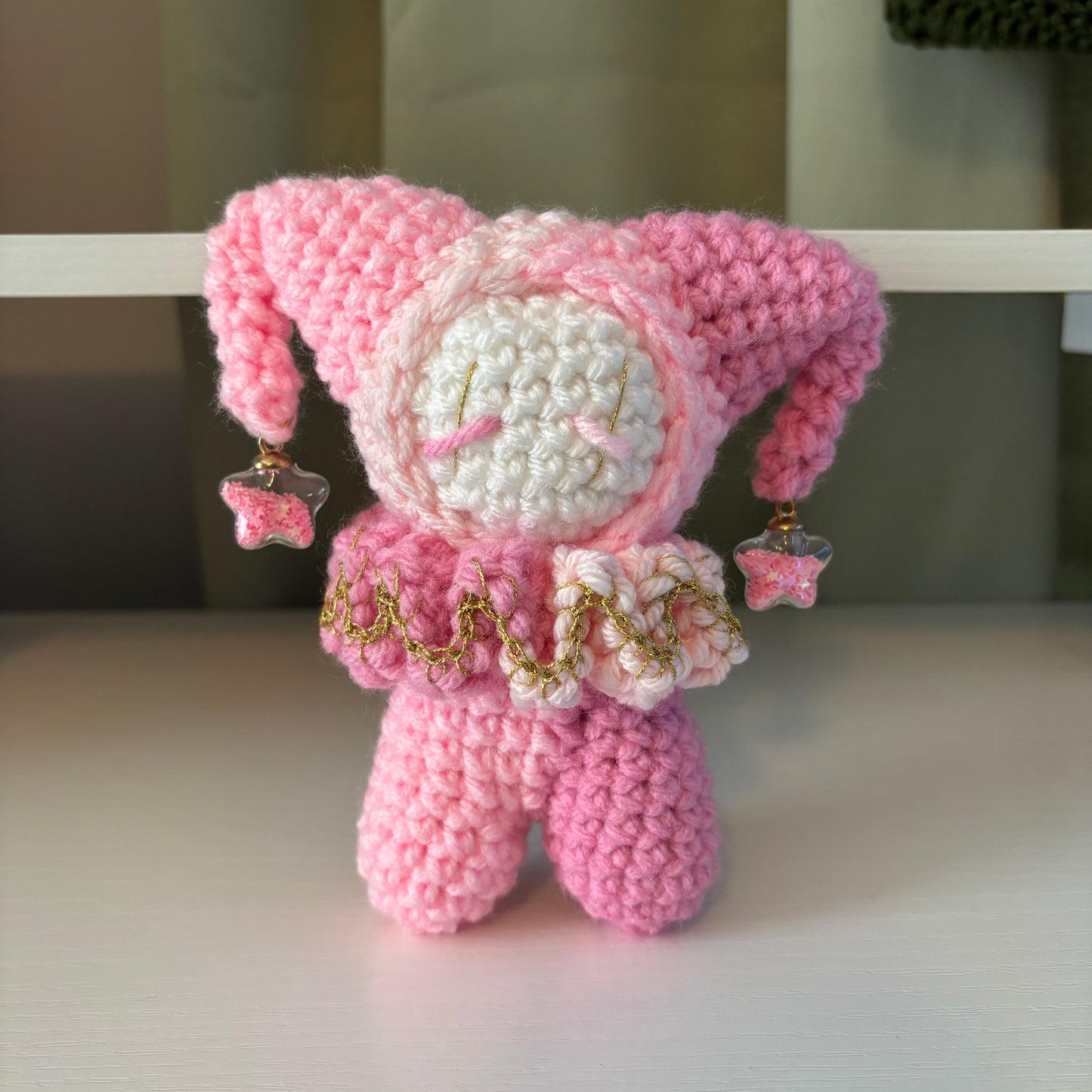 Handmade Crochet Jester Plushie – Whimsical Amigurumi Clown Doll in Pinks with Star Charms