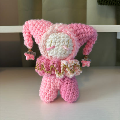Handmade Crochet Jester Plushie – Whimsical Amigurumi Clown Doll in Pinks with Star Charms