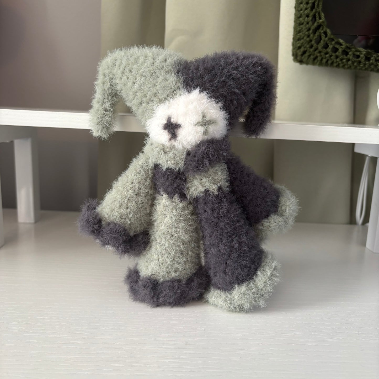 Handmade Crochet Fluffy Jester Plushie – Whimsical Amigurumi Jules the Jester in Black and Green