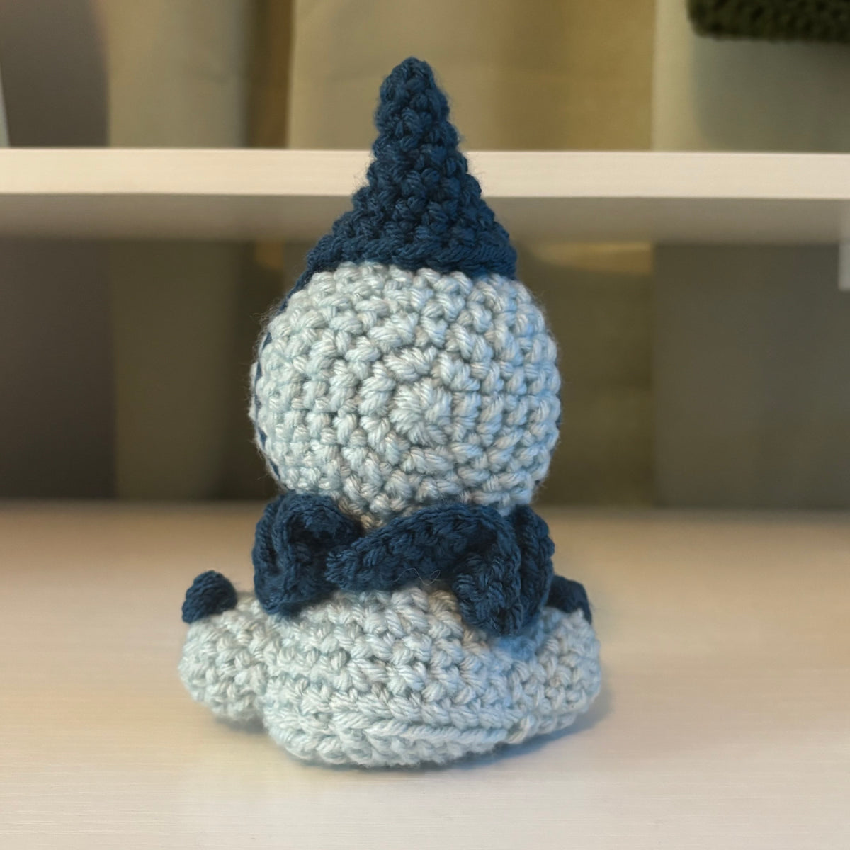 Handmade Crochet Sitting Pierrot Plushie – Whimsical Amigurumi in Blues
