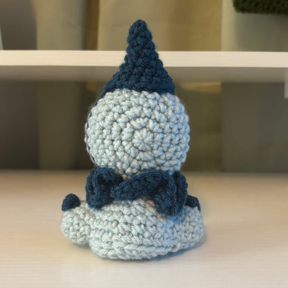 Handmade Crochet Sitting Pierrot Plushie – Whimsical Amigurumi in Blues
