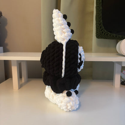Handmade Crochet Sitting Pierrot Plushie – Whimsical Amigurumi in Black and White