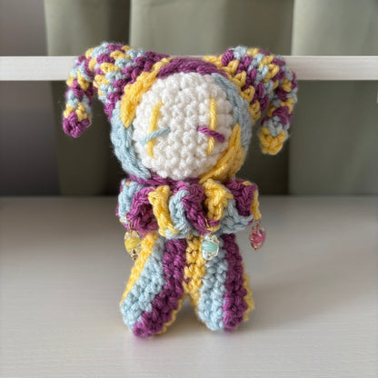Handmade Crochet Jester Plushie – Whimsical Amigurumi Clown Doll in Yellow, Magenta, and Blue