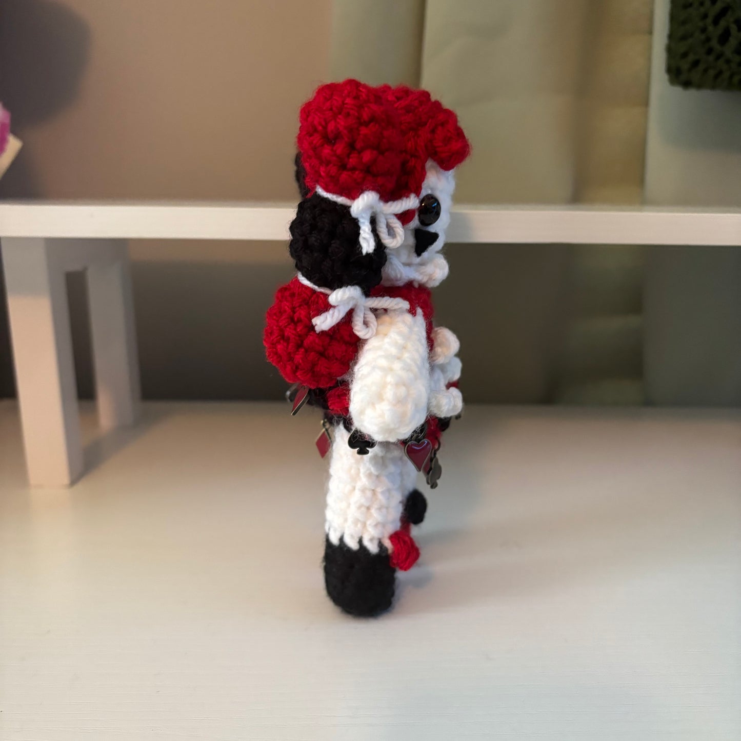 Handmade Crochet Clown Girl Plushie – Whimsical Amigurumi Clown Doll in Black and Red