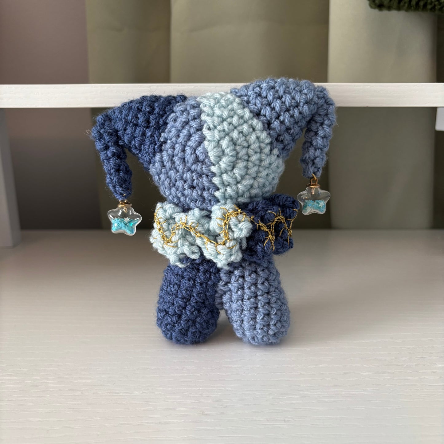 Handmade Crochet Jester Plushie – Whimsical Amigurumi Clown Doll in Blues with Star Charms
