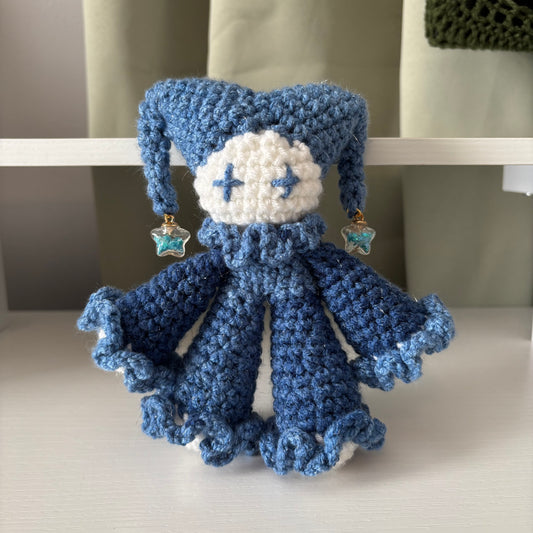 Handmade Crochet Jester Plushie – Whimsical Amigurumi Jules the Jester in Blue Sparkle