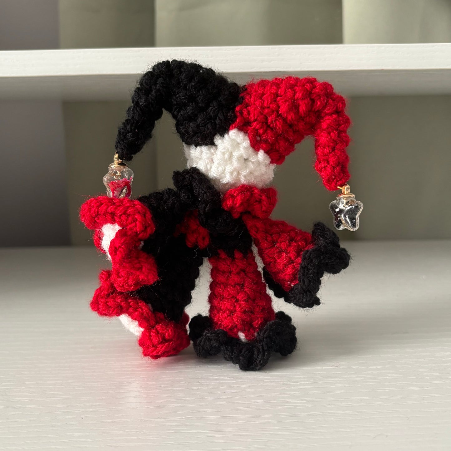 Handmade Crochet Baby Jules the Jester Plushie – Amigurumi Clown Doll in Black and Red