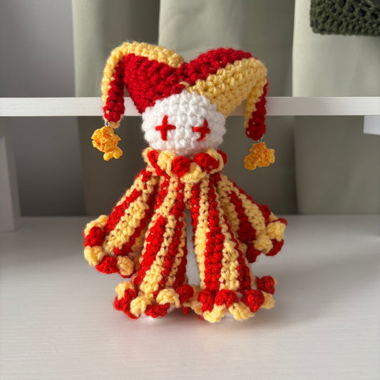 Handmade Crochet Jester Plushie – Whimsical Amigurumi Jules the Jester in Red and Yellow