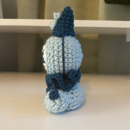 Handmade Crochet Sitting Pierrot Plushie – Whimsical Amigurumi in Blues