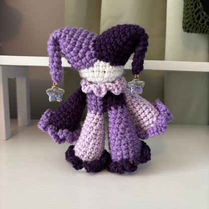 Handmade Crochet Jester Plushie – Whimsical Amigurumi Jules the Jester in Purples