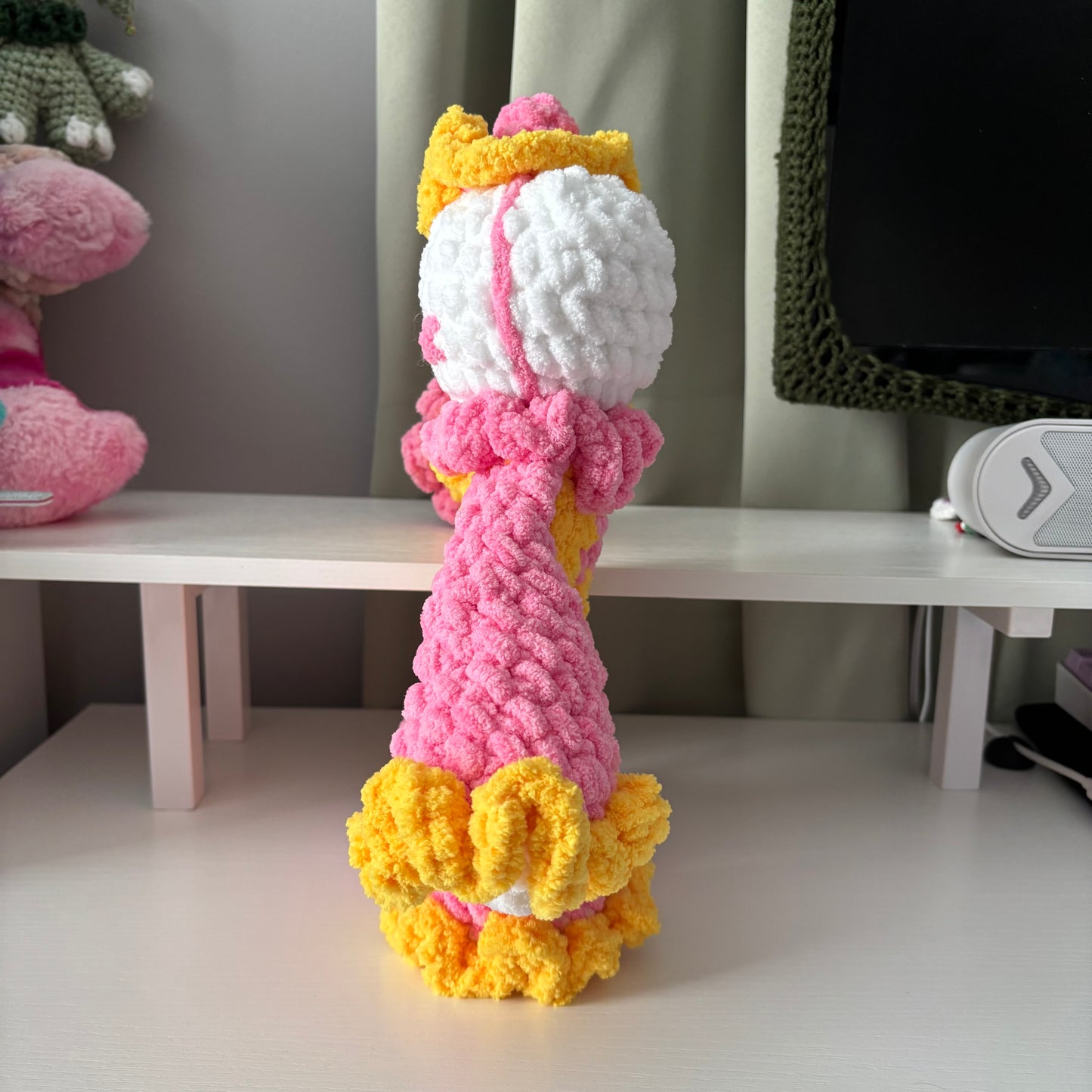 Handmade Crochet Jumbo Clown Plushie – Whimsical Amigurumi Clover the Clown in Pink and Yellow