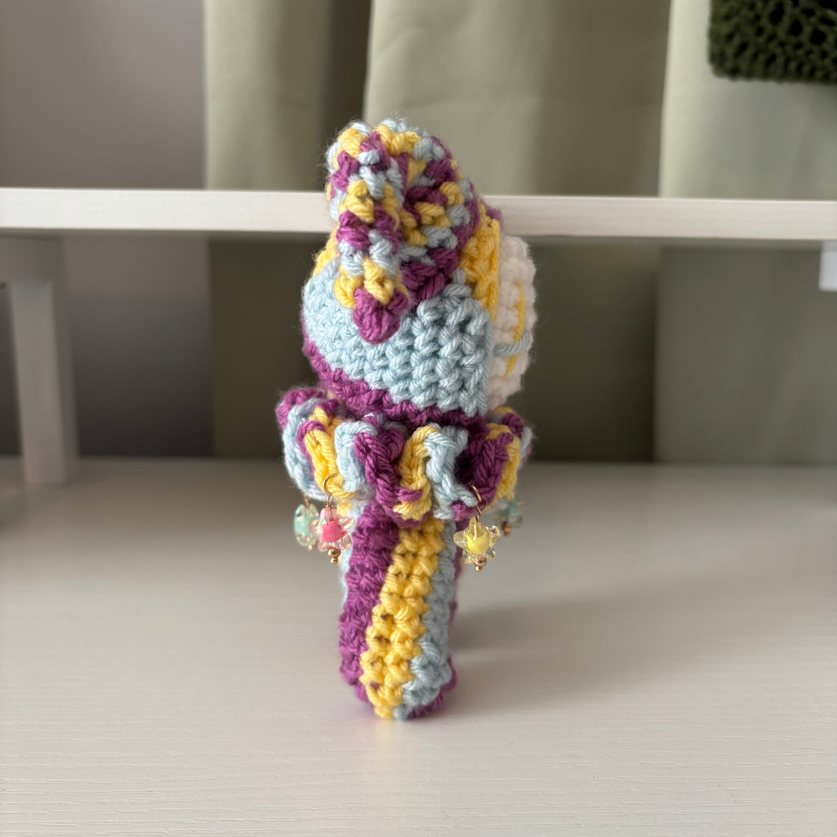 Handmade Crochet Jester Plushie – Whimsical Amigurumi Clown Doll in Yellow, Magenta, and Blue