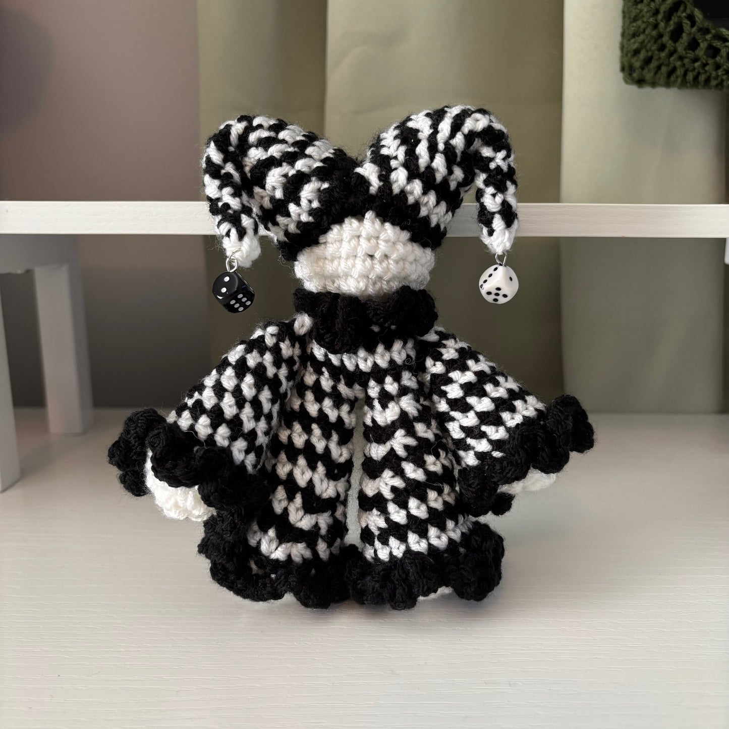 Handmade Crochet Jester Plushie – Whimsical Amigurumi Jules the Jester in Black and White