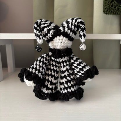 Handmade Crochet Jester Plushie – Whimsical Amigurumi Jules the Jester in Black and White