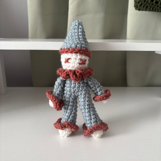 Handmade Crochet Clown Doll Plushie – Whimsical Amigurumi in Blue and Red