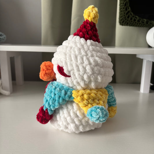 Handmade Crochet Duck Jester Plushie – Whimsical Amigurumi in Primary Colors