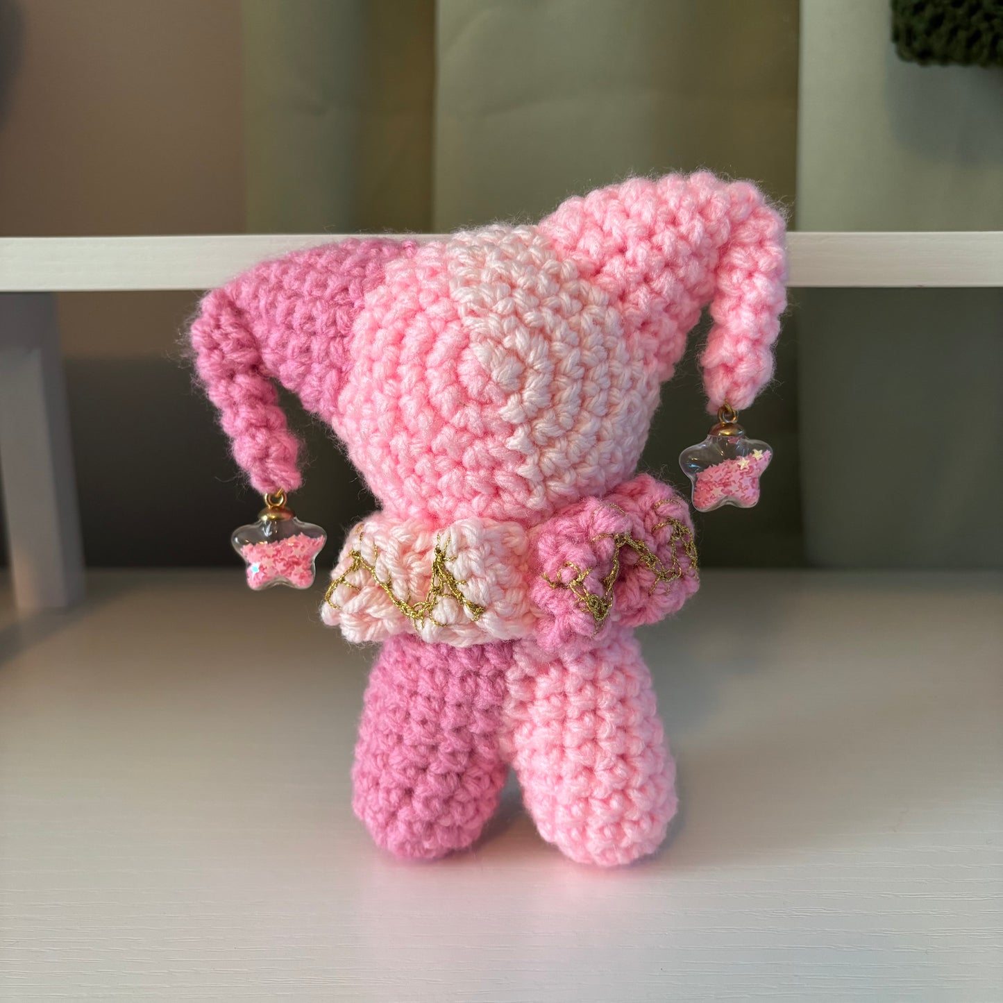 Handmade Crochet Jester Plushie – Whimsical Amigurumi Clown Doll in Pinks with Star Charms