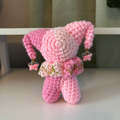 Handmade Crochet Jester Plushie – Whimsical Amigurumi Clown Doll in Pinks with Star Charms