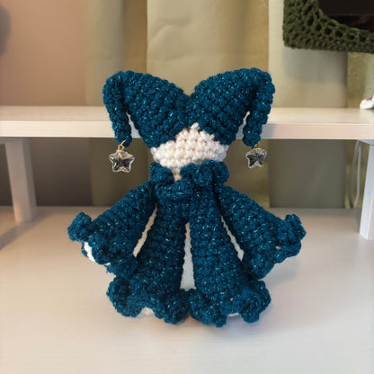 Handmade Crochet Jester Plushie – Whimsical Amigurumi Jules the Jester in Starry Night