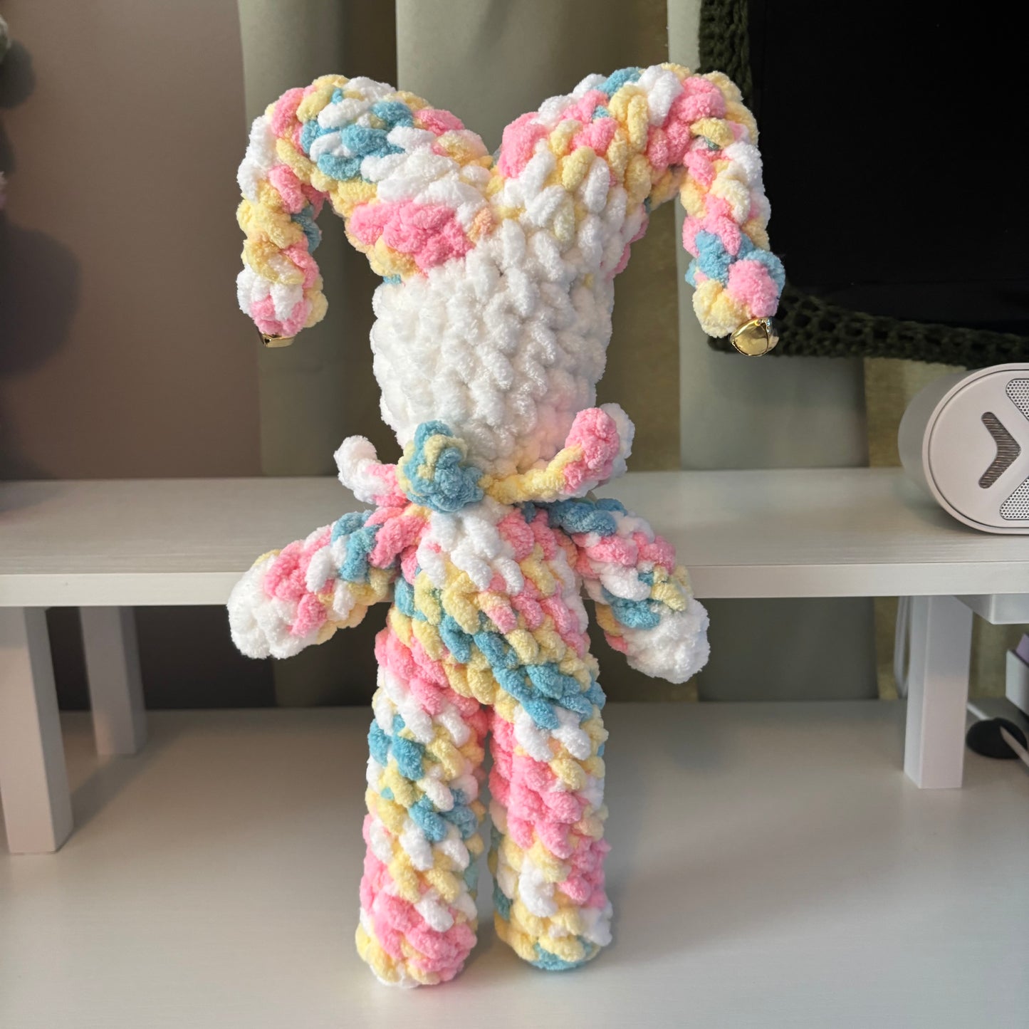 Handmade Crochet Mini Jester Plushie – Amigurumi Clown Doll in Pastel