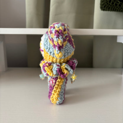 Handmade Crochet Jester Plushie – Whimsical Amigurumi Clown Doll in Yellow, Magenta, and Blue