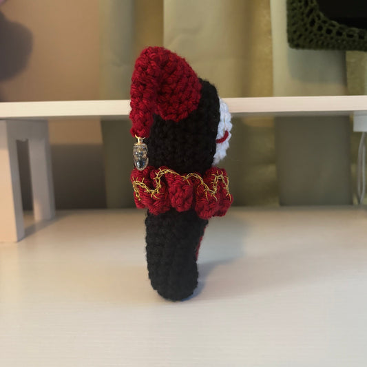 Handmade Crochet Jester Plushie – Whimsical Amigurumi Clown Doll in Black and Red with Star Charms