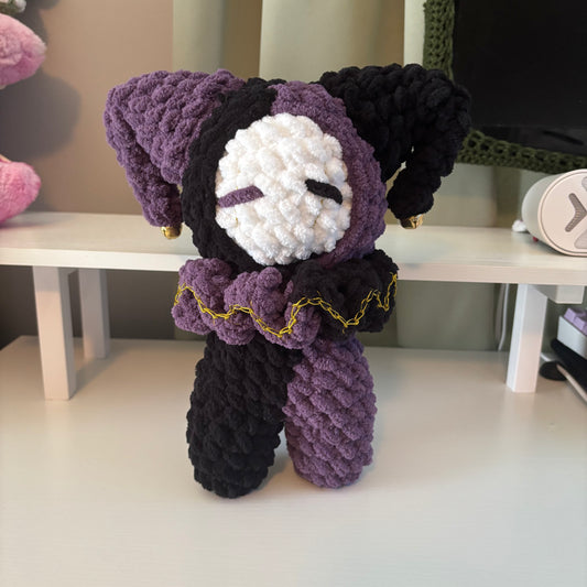 Handmade Crochet Jumbo Jester Plushie – Whimsical Amigurumi Clown Doll in Black and Purple