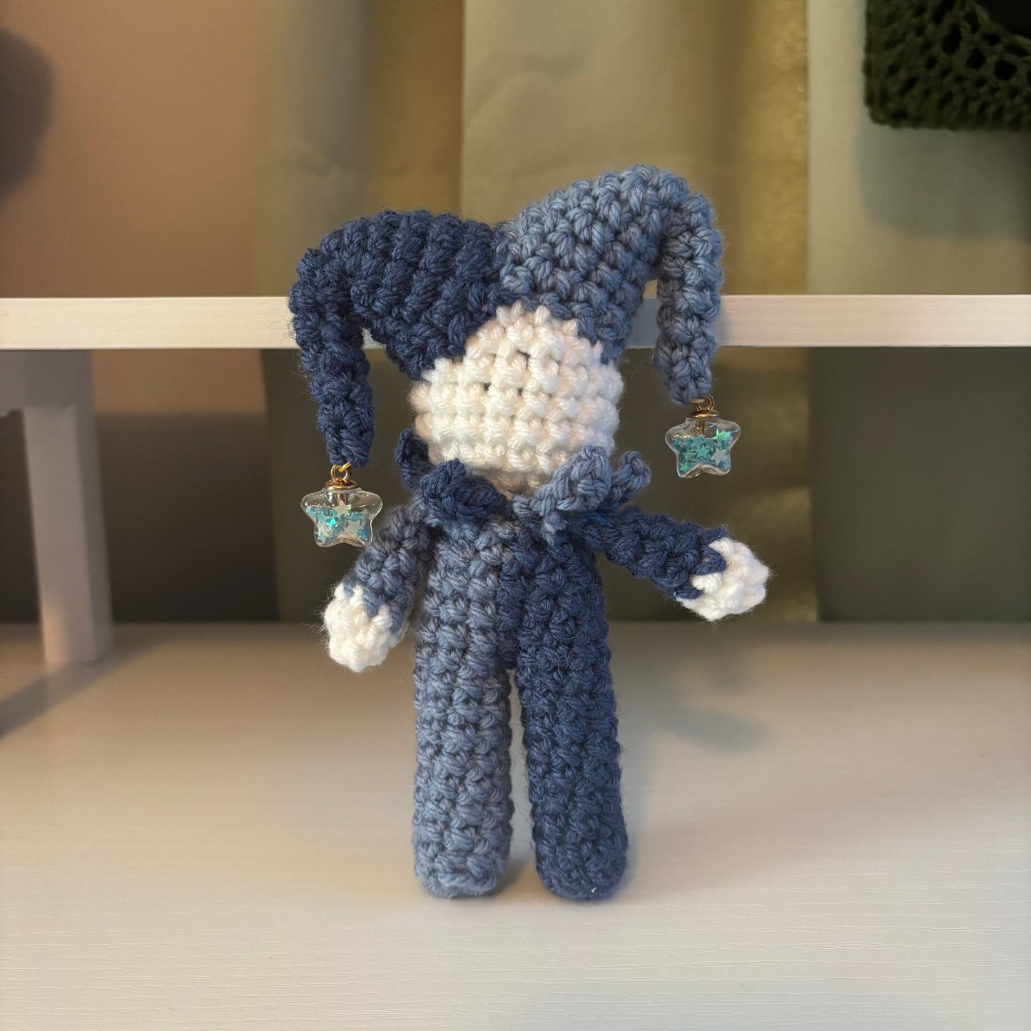 Handmade Crochet Mini Jester Plushie – Amigurumi Clown Doll in Blue