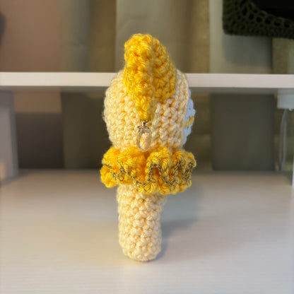 Handmade Crochet Jester Plushie – Whimsical Amigurumi Clown Doll in Yellow with Star Charms