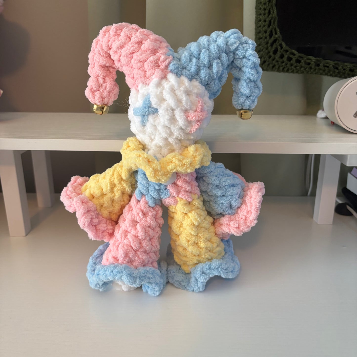 Handmade Crochet Baby Jules the Jester Plushie – Amigurumi Clown Doll in Pastel