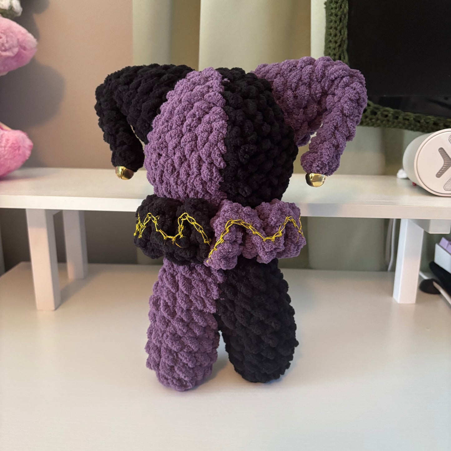 Handmade Crochet Jumbo Jester Plushie – Whimsical Amigurumi Clown Doll in Black and Purple