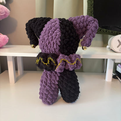 Handmade Crochet Jumbo Jester Plushie – Whimsical Amigurumi Clown Doll in Black and Purple