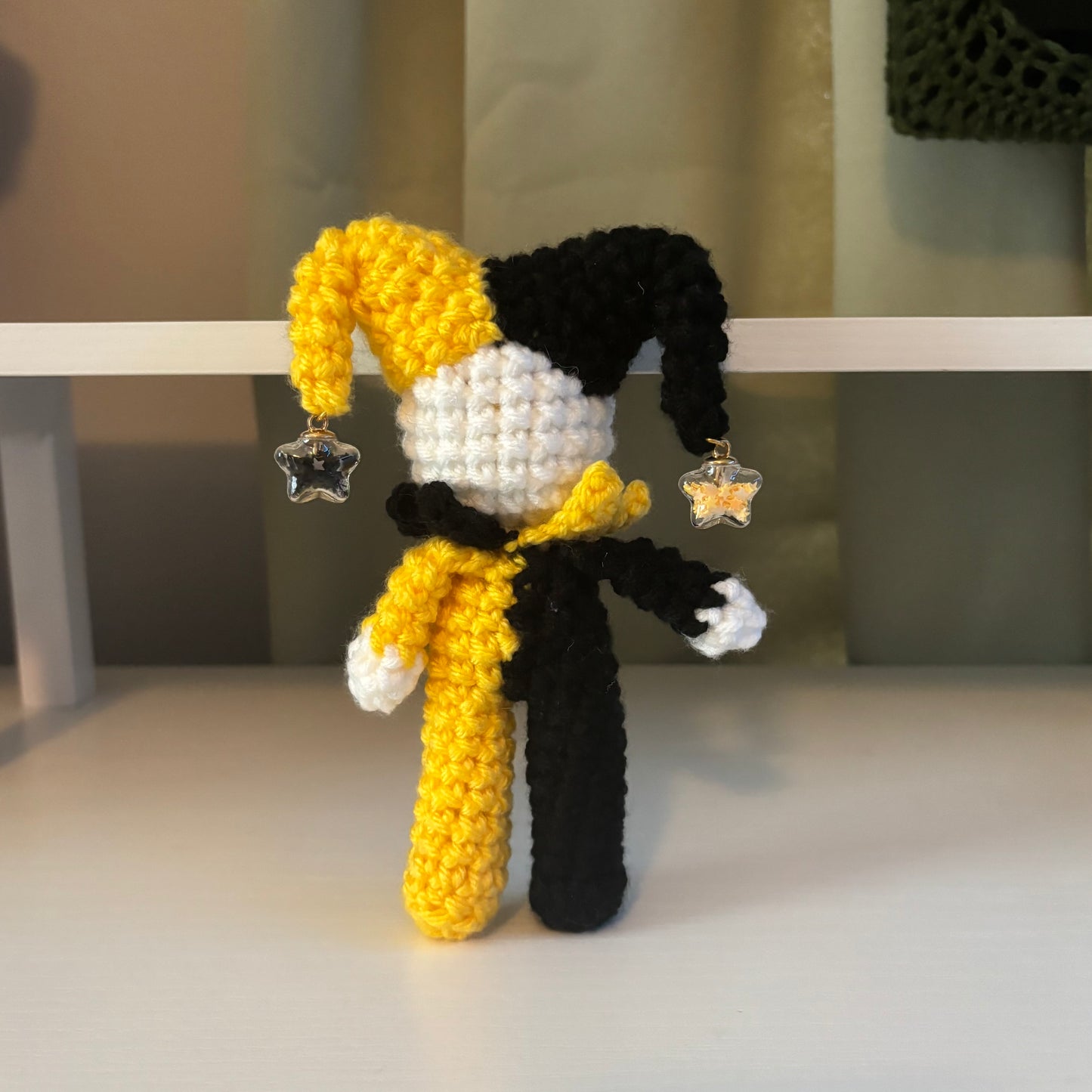Handmade Crochet Mini Jester Plushie – Amigurumi Clown Doll in Black and Yellow