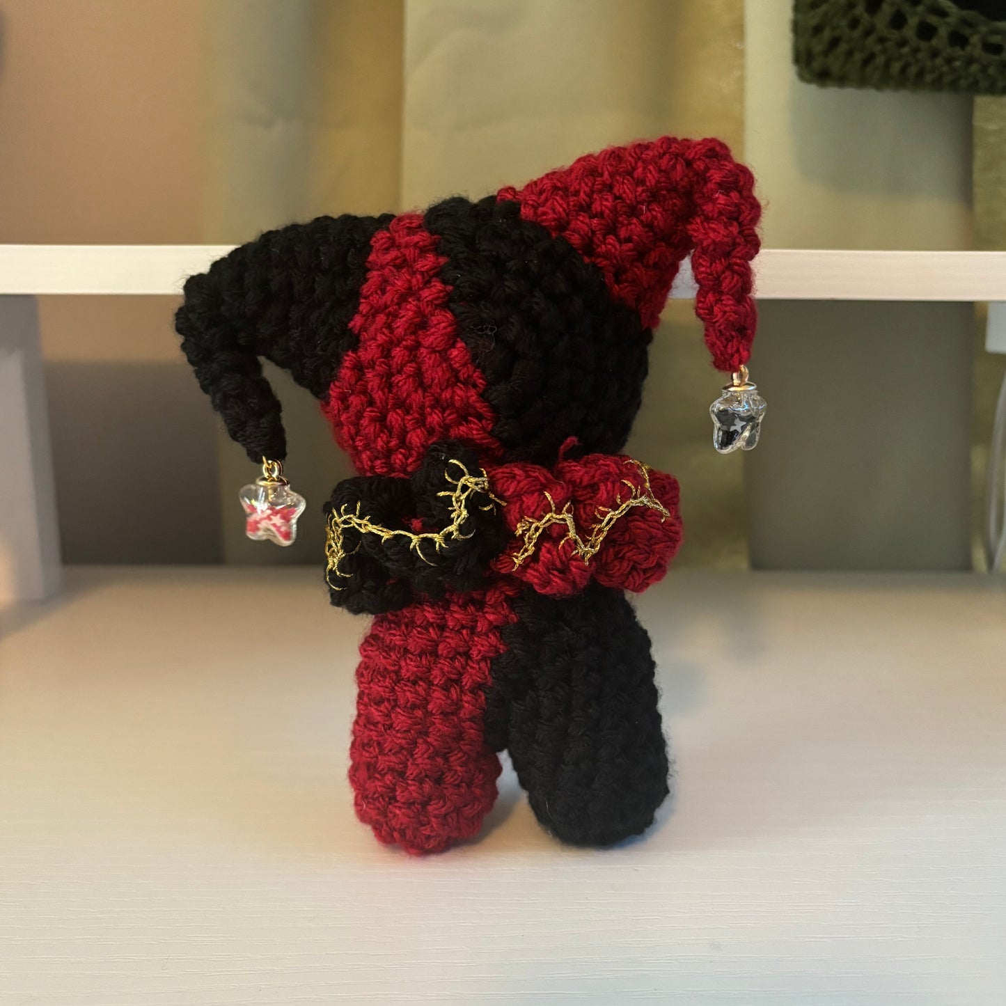 Handmade Crochet Jester Plushie – Whimsical Amigurumi Clown Doll in Black and Red with Star Charms