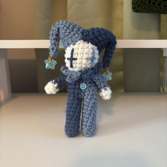 Handmade Crochet Mini Jester Plushie – Amigurumi Clown Doll in Blue