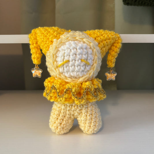 Handmade Crochet Jester Plushie – Whimsical Amigurumi Clown Doll in Yellow with Star Charms