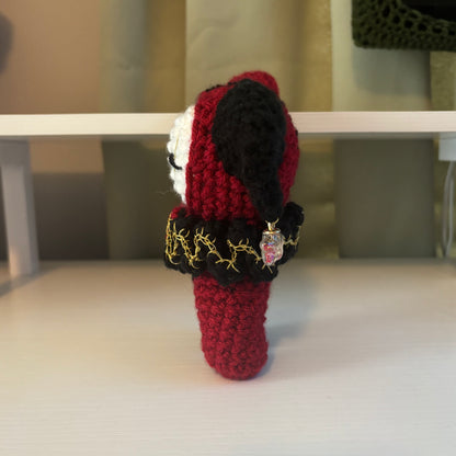 Handmade Crochet Jester Plushie – Whimsical Amigurumi Clown Doll in Black and Red with Star Charms