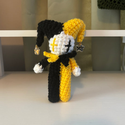 Handmade Crochet Mini Jester Plushie – Amigurumi Clown Doll in Black and Yellow