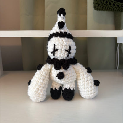 Handmade Crochet Pierrot Plushie – Whimsical Amigurumi in Black and White